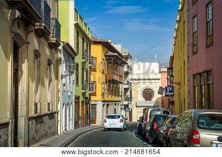 Tiny street of La Orotava old town with colorful houses. Touristic destinationa of Tenerife, Spain.