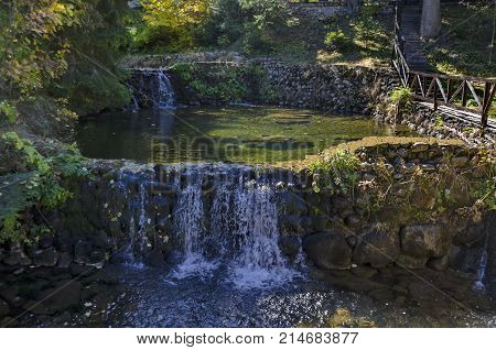 Old park Tsarska or Royal Bistritsa with terraced river, waterfall and differently trees in the venerable autumnal 
forest near by  resort  Borovets, Rila mountain, Bulgaria