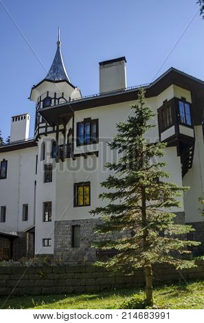 Fragment of beauty renovate ancient  palace in the old park Tsarska or Royal Bistritsa  near by  resort  Borovets, Rila mountain, Bulgaria
