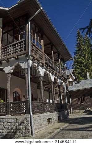 Fragment of beauty renovate ancient  palace in the old park Tsarska or Royal Bistritsa  near by  resort  Borovets, Rila mountain, Bulgaria