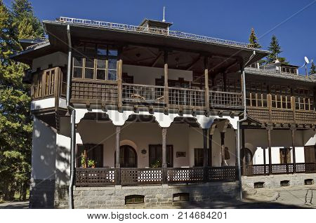 Fragment of beauty renovate ancient  palace in the old park Tsarska or Royal Bistritsa  near by  resort  Borovets, Rila mountain, Bulgaria