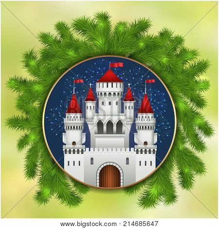Christmas card with white castle, fireworks and branches of a Christmas tree. Christmas illustration with celebratory elements. White medieval castle with a red roof and red flags on the spiers
