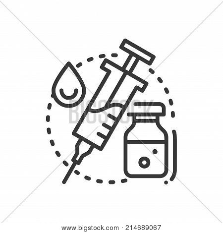 Vaccination - line design single isolated icon on white background. An image of syringe, animal lymph and drop. High quality black pictogram