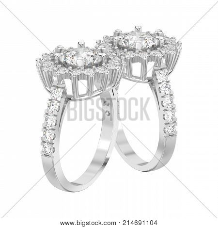 3D illustration isolated two white gold or silver solitaire decorative diamond rings on a white background