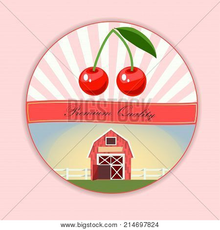 Colorful vintage Cherry label poster. Vector round label with yummy cherry and farm or ambar on meadow in sunset
