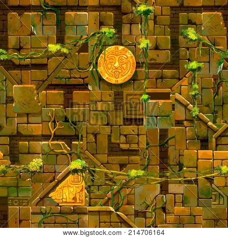 Old ancient ruins with lushy vines cartoon seamless pattern