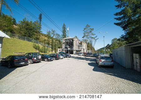 KUZNICE POLAND-SEPTEMBER 18: Cable car carries passengers from Kuznice to Kasprowy Wierch peak on Septomer 18 2017 in Zakopane Poland. This cable car built in 1936 was the first of its kind in Poland