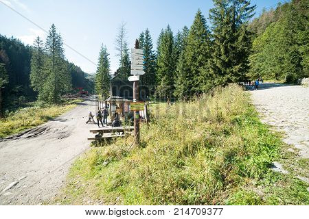KUZNICE POLAND-SEPTEMBER 18: beginning of the road leading to Kasprowy Wierch in Tatras. Septomer 18 2017 in Zakopane Poland.