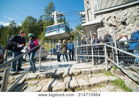 KUZNICE POLAND-SEPTEMBER 18: Cable car carries passengers from Kuznice to Kasprowy Wierch peak on Septomer 18 2017 in Zakopane Poland. This cable car built in 1936 was the first of its kind in Poland