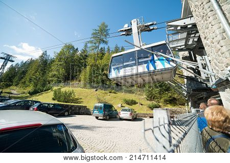 ZAKOPANE POLAND-SEPTEMBER 18: Cable car carries passengers from Zakopane to Kasprowy Wierch peak on Septomer 18 2017 in Zakopane Poland. This cable car built in 1936 was the first of its kind in Poland