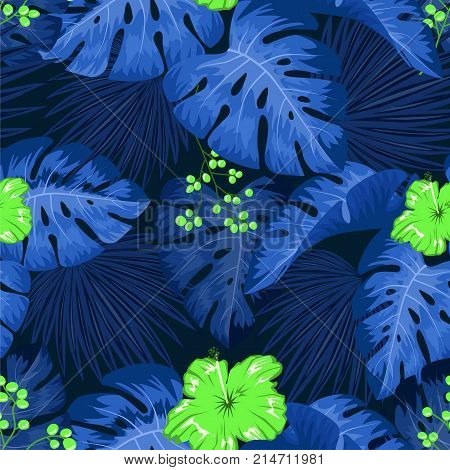 UV ultra violet luminous neon light effect pattern. Seamless repeating jungle rainforest plants, flowers and fern background, retro techno acid styling.