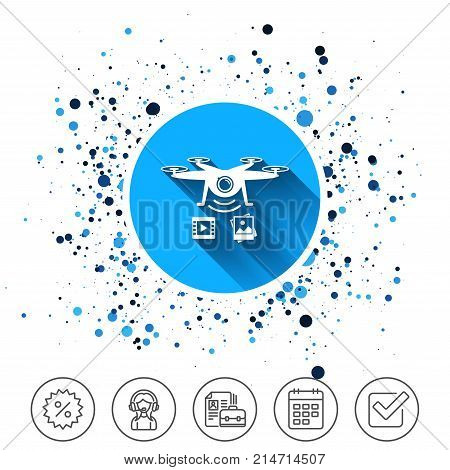 Button on circles background. Drone icon. Quadrocopter with video and photo camera symbol. Calendar line icon. And more line signs. Random circles. Editable stroke. Vector
