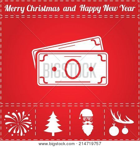 Money Icon Vector. And bonus symbol for New Year - Santa Claus, Christmas Tree, Firework, Balls on deer antlers