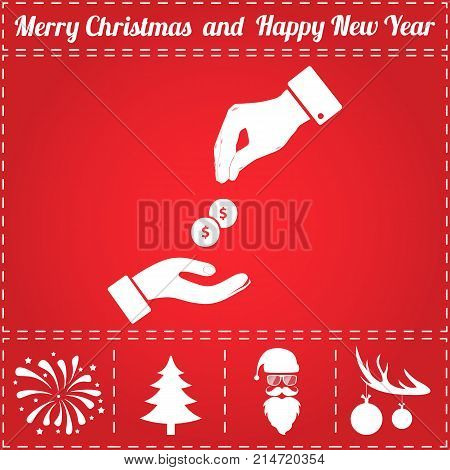 Dollar hand Icon Vector. And bonus symbol for New Year - Santa Claus, Christmas Tree, Firework, Balls on deer antlers