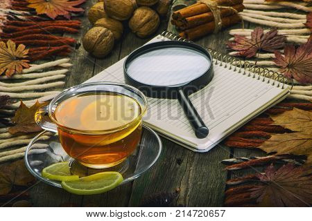 A cup of tea and a notebook on the background of an old tree. Autumn still life.