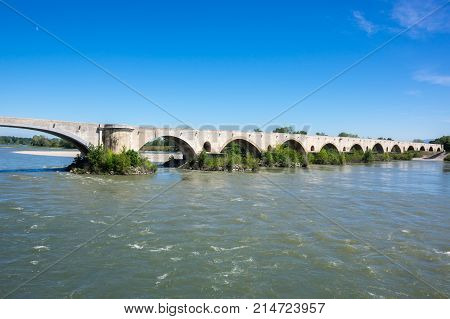 The medieval bridge over the Rhone River in Pont-Saint-Esprit France