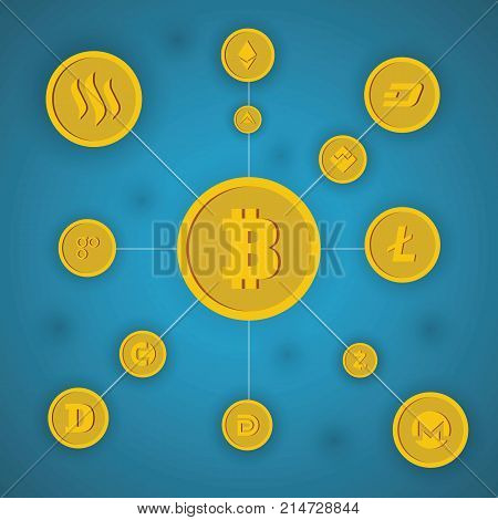 Blockchain cryptocurrency and bitcoin decentralization anonymous web transaction vector concept on blue background. Illustration of process internet transaction cryptocurrency