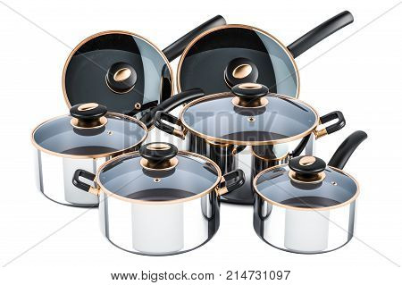 Set of cooking stainless steel kitchen utensils and cookware. Pots and pans 3D rendering isolated on white background