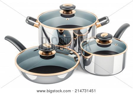 Cooking stainless pot frypan and pan. 3D rendering isolated on white background