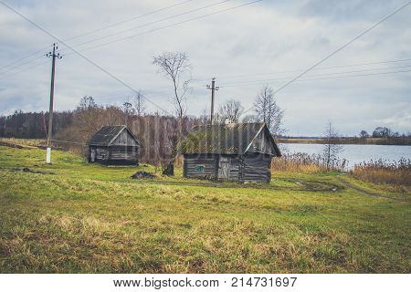 Old Wooden Bath On The Lake Shore