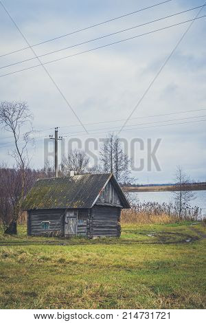 Old Wooden Bath On The Lake Shore