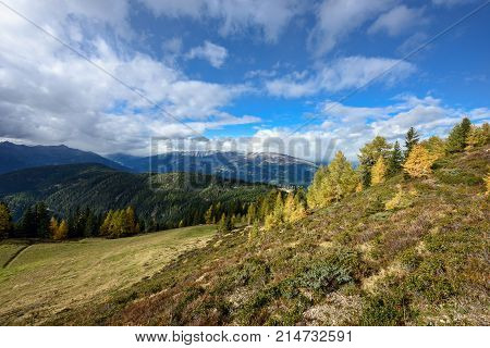 Autumn alpine landscape as seen from the Goldeck panoramic road. The Alps, Carinthia, Austria.