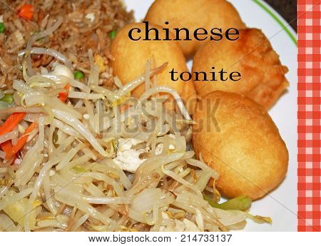 A delicious meal of Chicken balls,  fried rice and Chicken Chop Suey