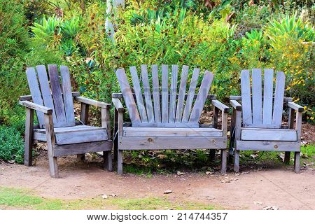 Rustic wooden chairs besides lush green plants taken at a garden in a residential yard