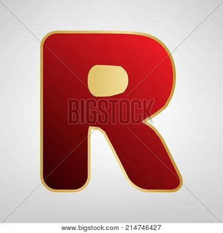 Letter R sign design template element. Vector. Red icon on gold sticker at light gray background.