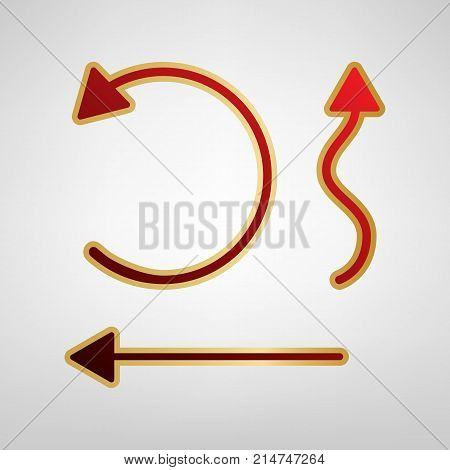 Simple set to Interface Arrows. Vector. Red icon on gold sticker at light gray background.
