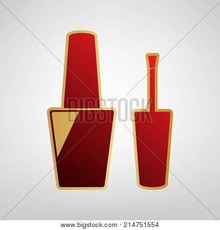 Nail polish sign. Vector. Red icon on gold sticker at light gray background.