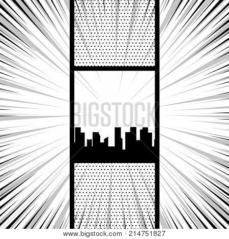 Comics book monochrome template background. Pop art black white empty backdrop mock up. Vector illustration halftone dot mockup for comic text. Silhouette city boom explosion. Speech bubble balloon.