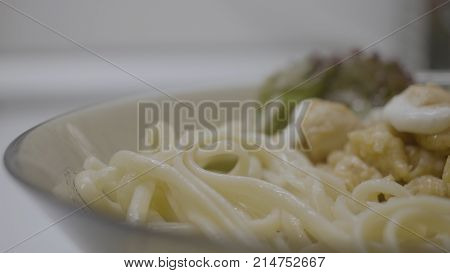 Fettuccine Alfredo With White Chicken Zucchini Sauce. Pasta Fettuccine Alfredo With Chicken, Parmesa