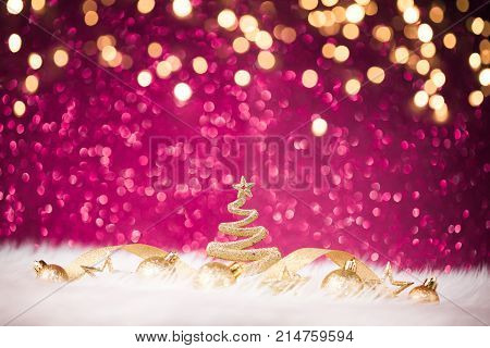 Christmas Tree - Golden Glitter sparkling In The Red Background