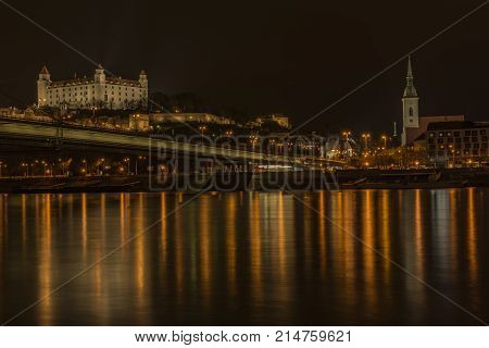 Bratislava in autumn color night near Dunaj river