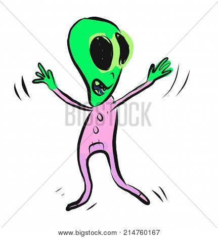 Dancing happy delighted green alien in pyjamas