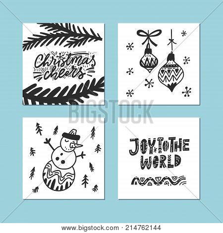 Unique style black and white lettering with winter holiday symbols. Christmas and New Year handdrawn collection made in freehand style.