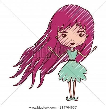 girly fairy without wings and magenta long hair in green dress in colored crayon silhouette vector illustration