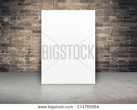 Blank White Paper Poster At Grunge Brick Wall And Concrete Floor,mock Up Template For Adding Your Co