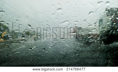 Heavy rain on the freeway bridge. Heavy rain on the freeway bridge. Blur