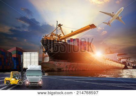 forklift handling container box loading to truck in import export logistic Business logistics concept