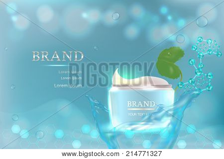 Cosmetic container with advertising background ready to use, centella asiatica skin care ad. Vector illustration.