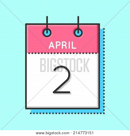 April Calendar Icon. Flat and thin line vector illustration. Spring calendar sheet on light blue background. April 2th. Books for Young day. Autism awareness day.