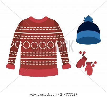 winter clothes with red wool sweater and blue wool cap and wool gloves over white background vector illustration