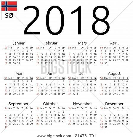 Calendar 2018, Norwegian, Sunday