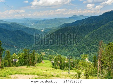 View From Kokuya Mountain And Chairlift Ski Lift. Altai Republic. Russia