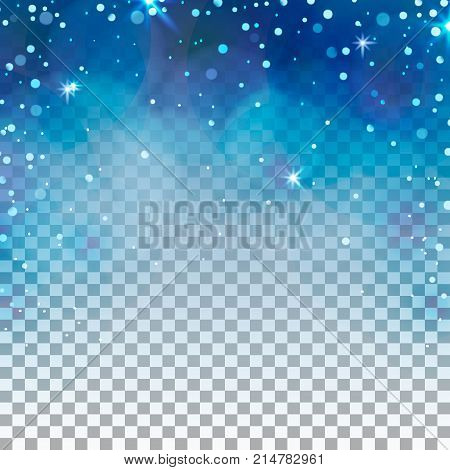 Transparent winter background. Blue ligth and snowflakes. New year and christmas design.