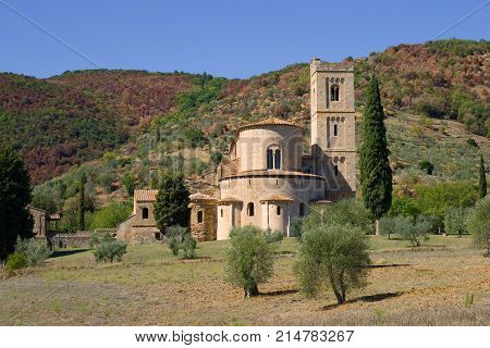 Sunny September day at San Antimo's Abbey. Tuscany, Italy