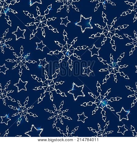 Winter seamless pattern with snowflake. Light crystal effect. New year and christmas design