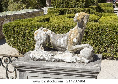 OEIRAS, PORTUGAL - September 17, 2017: Animal statue decorating the gardens of the Palace of Marques de Pombal in Oeiras Portugal